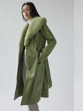 Urban Outfitters Olive Green Faux-Leather Trench with Shearling Collar